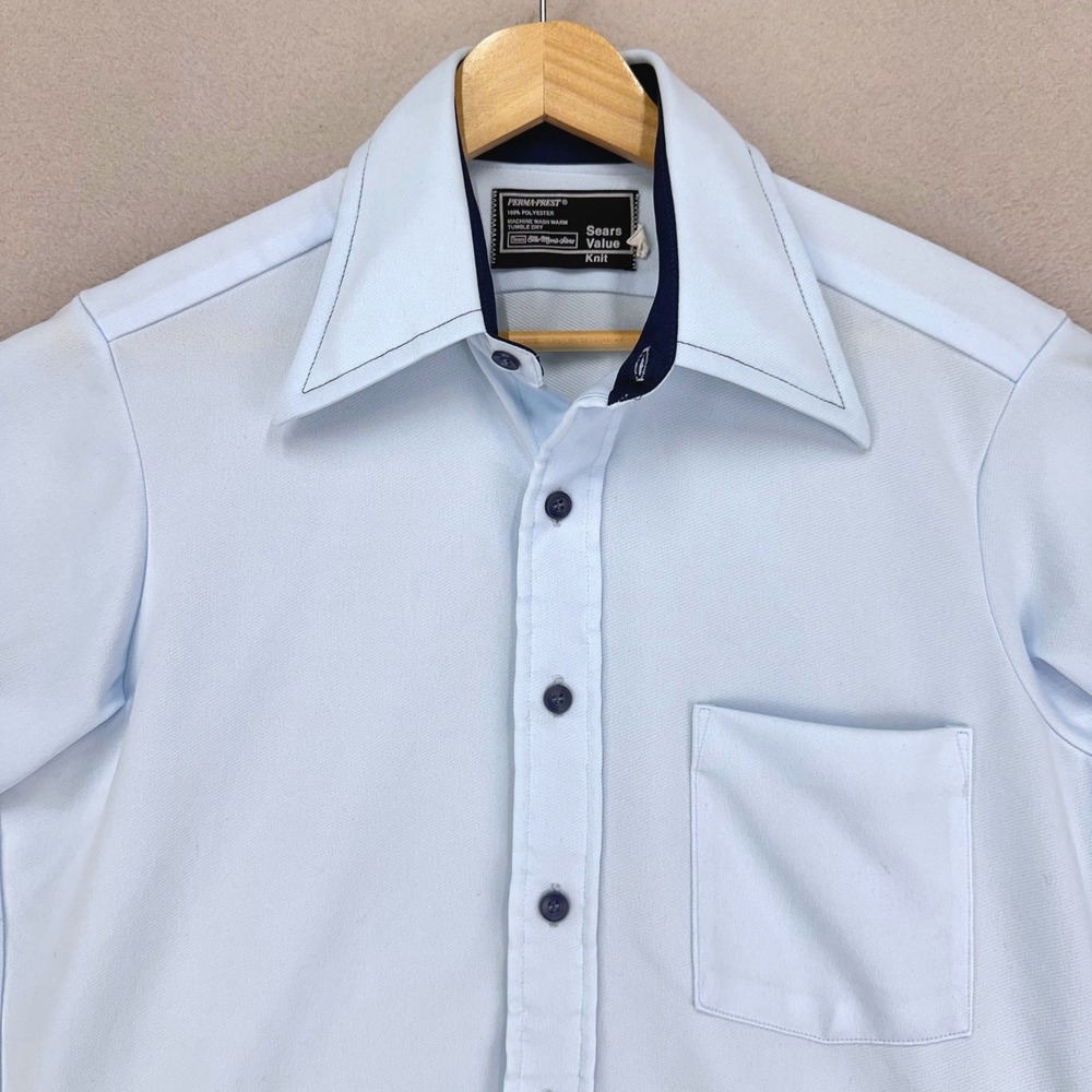 Vintage 70s Sears Button Up Shirt Mens 15 (M) Blue Knit‎ Short Sleeve Disco Work